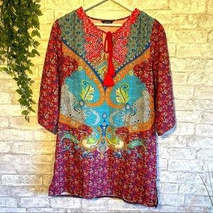 MIXED Paisley Print Drawing 3/4 ruffled sleeve Tunic Dress